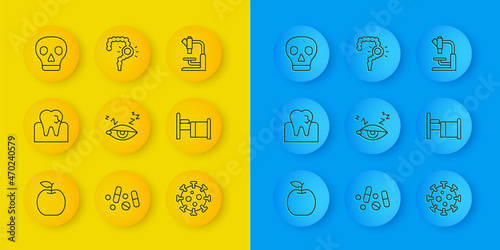 Set line Apple, Tooth with caries, Insomnia, Virus, Hospital bed, Skull, Microscope and Gut constipation icon. Vector