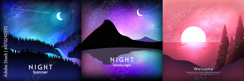 Vector illustration. Set of night and sunrise or sunset landscapes in a flat style. Night with moon, sea or ocean. Beautiful colors.