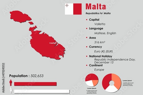 Malta infographic vector illustration complemented with accurate statistical data. Malta country information map board and Malta flat flag