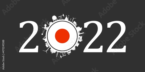 2022 year number with industrial icons around zero digit. Flag of Japan.
