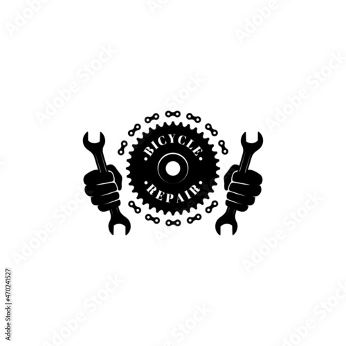 Bicycle or Bike Repair Abstract Vintage Vector Sign, Label or Logo Template. Fist Holding Wrench. Isolated.