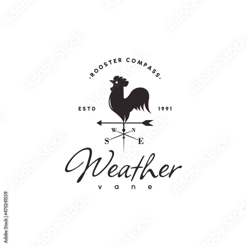 Wheatervane, Windvane, Rooster Compass Abstract Retro Style Vector Sign, Emblem or Logo Template. Vintage Isolated on white background. photo