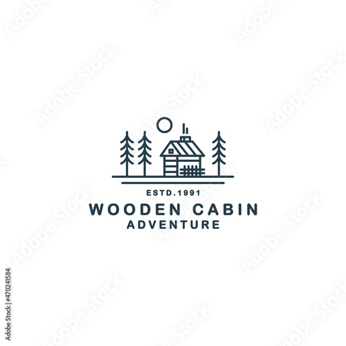Minimalist line art wooden cabin in the forest with moon and fence good for cabin rental logo or sticker vector illustration design