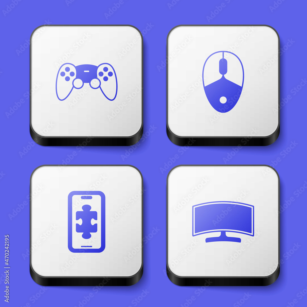Set Game controller or joystick, Computer mouse, Mobile gaming and monitor icon. White square button. Vector Set Game controller or joystick, Computer mouse, Mobile gaming and monitor icon. White square button. Vector