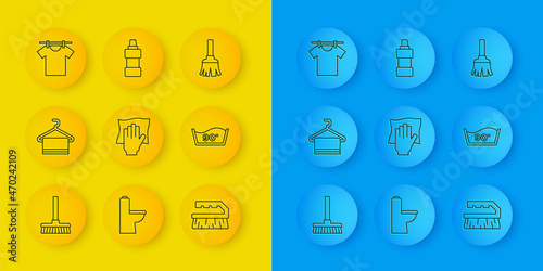 Set line Handle broom, Towel on hanger, Cleaning service, Brush for cleaning, Temperature wash, Drying clothes, Feather and Bottle agent icon. Vector