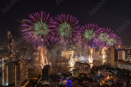 Bangkok Thailand, Fireworks countdown display celebration, Colorful New Year Firework © Noppasinw