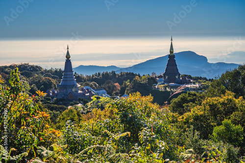 Chiang Mai nature landscape view at Twin Pagoda of Doi Inthanon  Chiang Mai Thailand