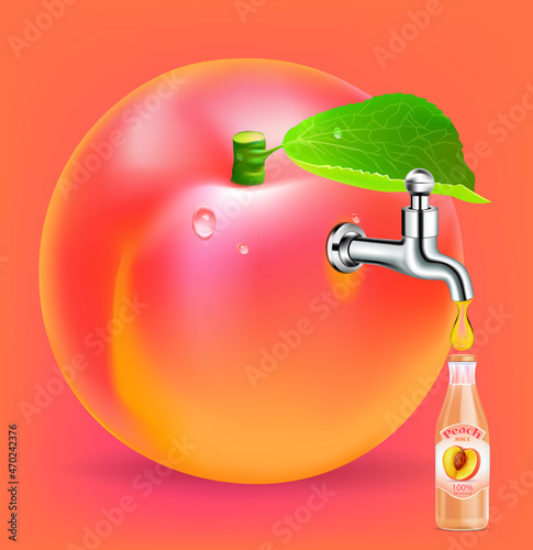 Fruit juice distilled from peach with water tap.juice bottle.illustration vector