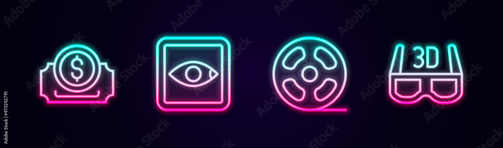 Set line Cinema ticket, Rating movie, Film reel and 3D cinema glasses. Glowing neon icon. Vector