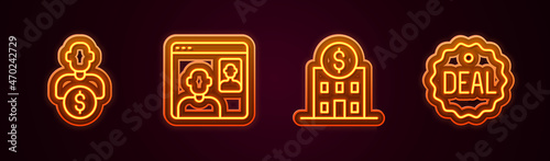 Set line Business investor, Video chat conference, Bank building and Deal. Glowing neon icon. Vector