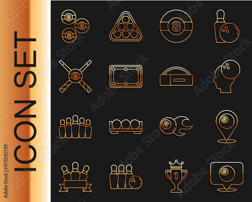 Set line Location with billiard ball, Bowling, Billiard, table, Crossed cues and, and Case for icon. Vector