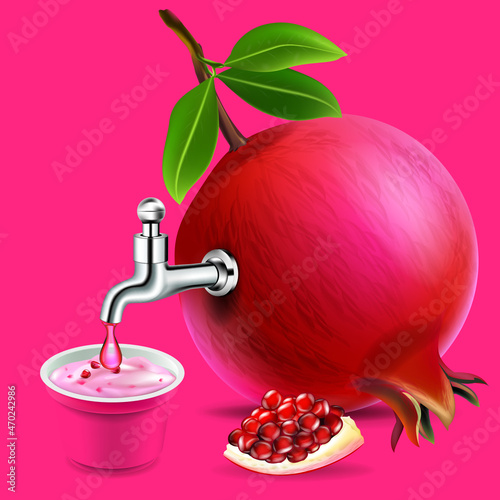 Fruit juice distilled from pomegranate with water tap.yogurt cup.illustration vector