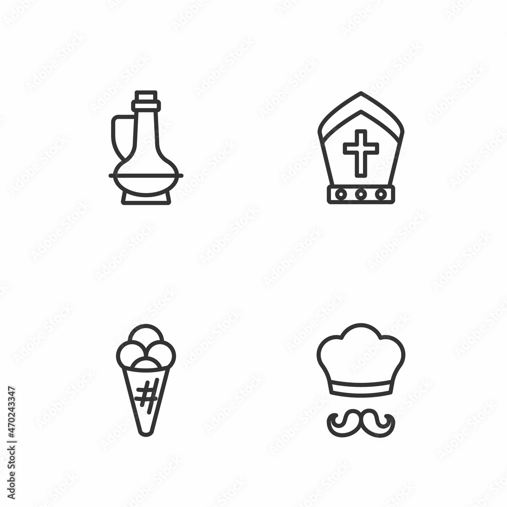 Set line Italian cook, Ice cream in waffle, Bottle of olive oil and Pope hat icon. Vector Set line Italian cook, Ice cream in waffle, Bottle of olive oil and Pope hat icon. Vector