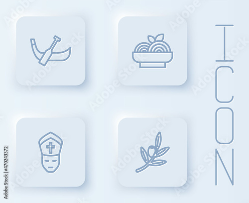 Set line Gondola boat, Pasta spaghetti, Pope and Olives branch. White square button. Vector