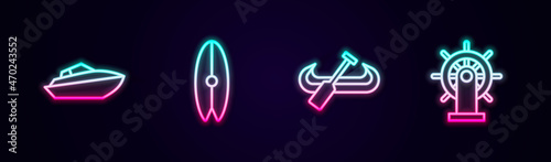 Set line Speedboat, Surfboard, Kayak and paddle and Ship steering wheel. Glowing neon icon. Vector