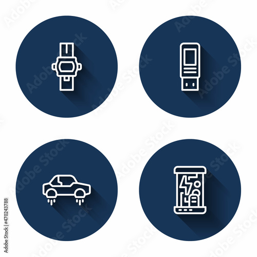 Set line Wrist watch, USB flash drive, Fantastic flying car and Cryogenic capsules with long shadow. Blue circle button. Vector