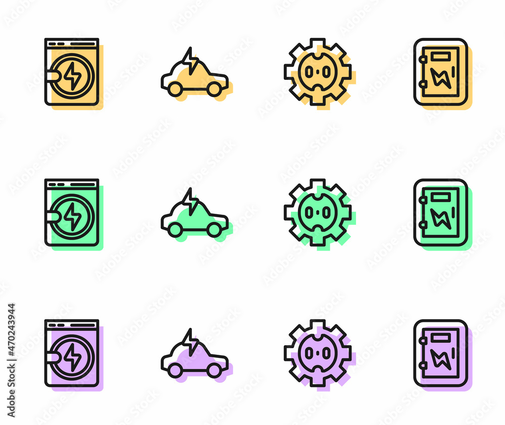 Set line Electrical outlet, Washer, car and panel icon. Vector Set line Electrical outlet, Washer, car and panel icon. Vector
