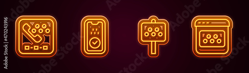 Set line Taxi call telephone service, mobile app, Road sign for taxi stand and . Glowing neon icon. Vector