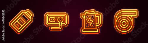 Set line Battery charge, Electrical outlet, kettle and Roll adhesive tape. Glowing neon icon. Vector
