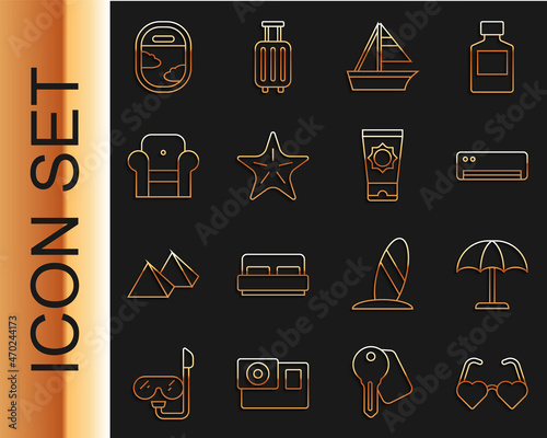 Set line Heart shaped love glasses, Sun protective umbrella, Air conditioner, Yacht sailboat, Starfish, Armchair, Airplane window and Sunscreen cream tube icon. Vector