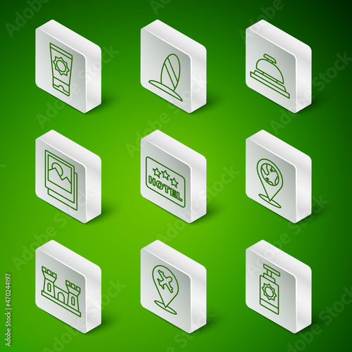 Set line Sunscreen spray bottle, Plane, cream in tube, Signboard with text Hotel, Photo, Surfboard, Sand castle and Location on the globe icon. Vector