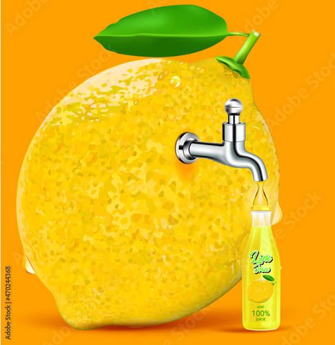 Fruit juice distilled from lemon with water tap.juice package bottle .illustration vector