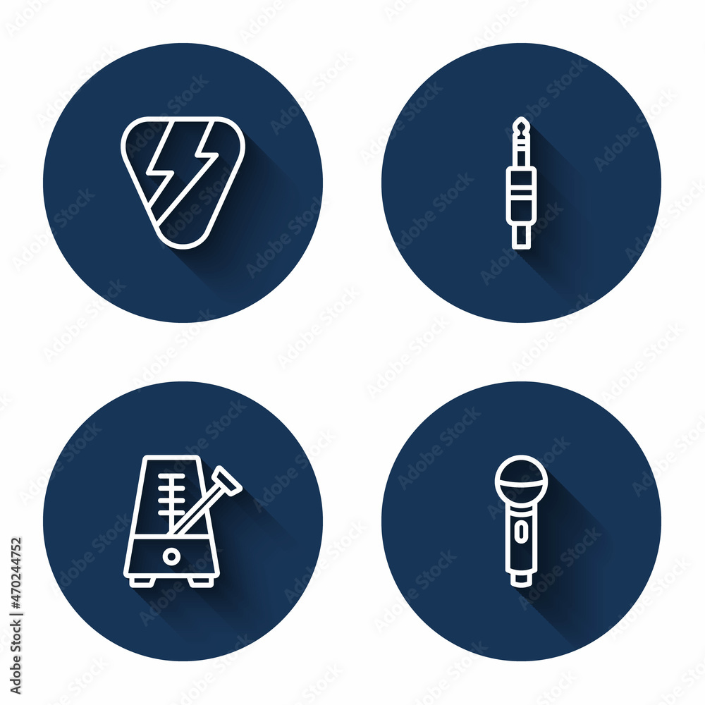 Set line Guitar pick, Audio jack, Metronome with pendulum and Microphone with long shadow. Blue circle button. Vector Set line Guitar pick, Audio jack, Metronome with pendulum and Microphone with long shadow. Blue circle button. Vector