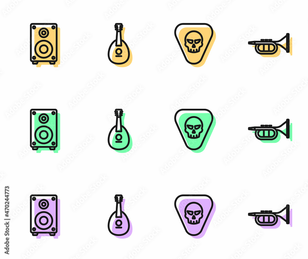 Set line Guitar pick, Stereo speaker, Mandolin and Trumpet icon. Vector Set line Guitar pick, Stereo speaker, Mandolin and Trumpet icon. Vector