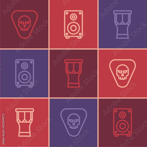 Set line Guitar pick  African percussion drum and Stereo speaker icon. Vector