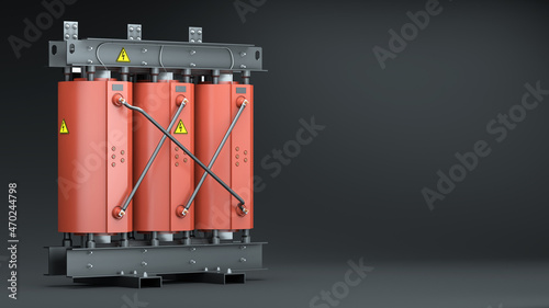 Power transformer for electric power industry on a dark background. Dry type medium voltage power transformer (cast resin). 3d render photo