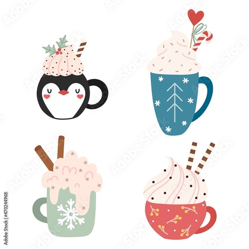 Set of cute hand drawn mugs of hot cocoa and coffee with cream, candy, cinnamon. Flat vector traditional design. Christmas and winter drinks for packaging, card, fabric, label, poster, wrapping paper.