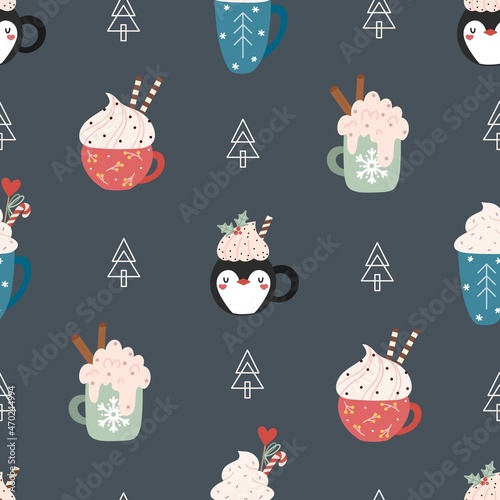 Seamless vector pattern with hand drawn mugs of hot cocoa and coffee. Cute Christmas illustration. Winter holiday background for wrapping paper, packaging, print, fabric, textile, card, wallpaper.