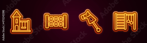 Set line Swing for kids, Education logic game, Toy horse and Swedish wall. Glowing neon icon. Vector