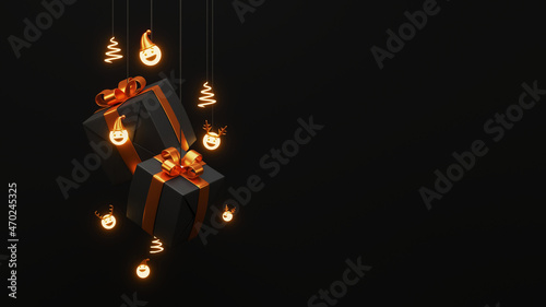 3D Rendering Gift Boxes With Lighting Scribble Xmas Tree Hang, Happy Emojies And Copy Space On Black Background.