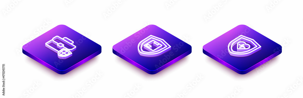 Set Isometric line Briefcase with shield, Delivery security and Life insurance icon. Vector Set Isometric line Briefcase with shield, Delivery security and Life insurance icon. Vector