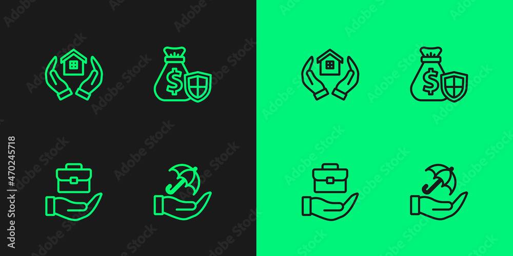Set line Umbrella in hand, Hand holding briefcase, House and Money bag with shield icon. Vector Set line Umbrella in hand, Hand holding briefcase, House and Money bag with shield icon. Vector