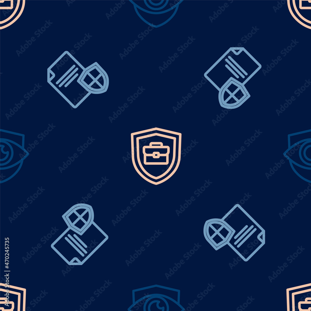 Set line Shield and eye, Contract with shield and Briefcase on seamless pattern. Vector Set line Shield and eye, Contract with shield and Briefcase on seamless pattern. Vector