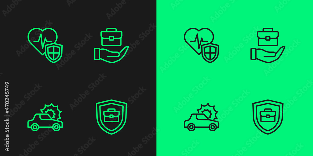 Set line Briefcase with shield, Car insurance, Life and Hand holding briefcase icon. Vector Set line Briefcase with shield, Car insurance, Life and Hand holding briefcase icon. Vector