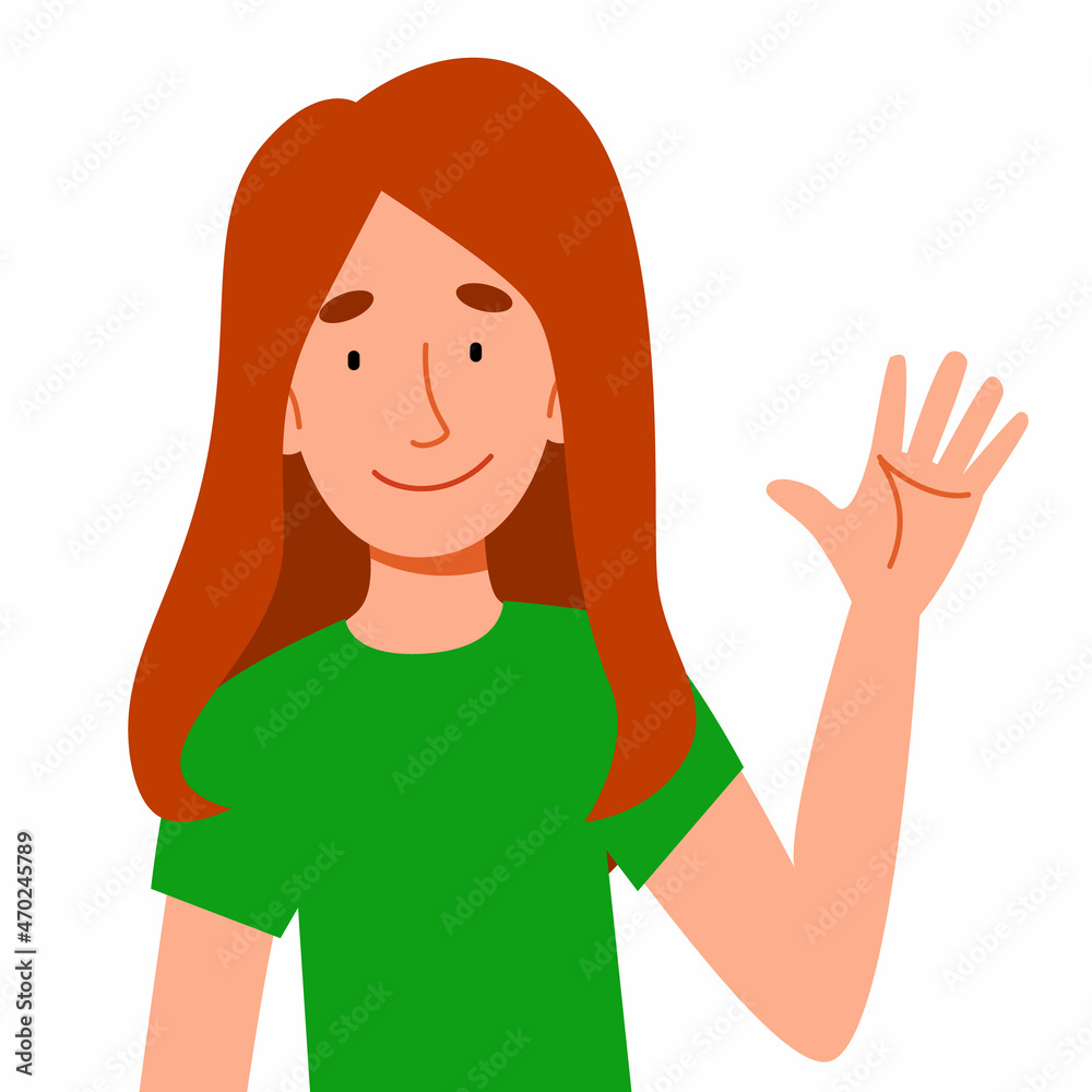 A fashionable girl in casual clothes waves her hand. A flat vector illustration with a gesture of greeting a woman. A fashionable girl in casual clothes waves her hand. A flat vector illustration with a gesture of greeting a woman.