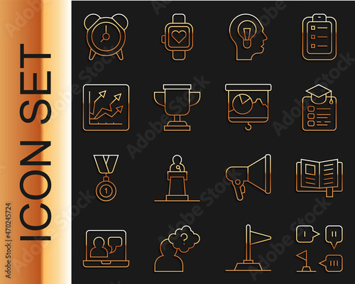 Set line Planning strategy, Reading book, Online education, Human with lamp bulb, Award cup, Financial growth increase, Alarm clock and Chalkboard chart icon. Vector
