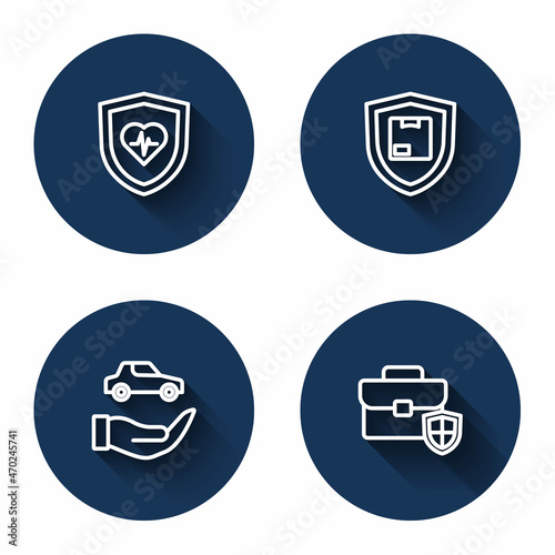 Set line Life insurance with shield, Delivery security, Car and Briefcase with long shadow. Blue circle button. Vector