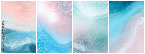 set of abstract backgrounds with waves, fluid art with splattered paint drops, ocean vibes, turquoise tender templates with space for text, posters, blue and pink interior paintings collection 