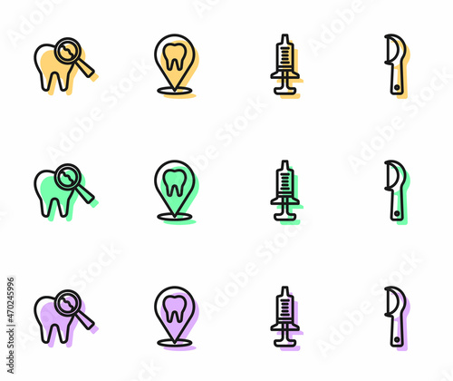 Set line Syringe, Broken tooth, Dental clinic location and floss icon. Vector