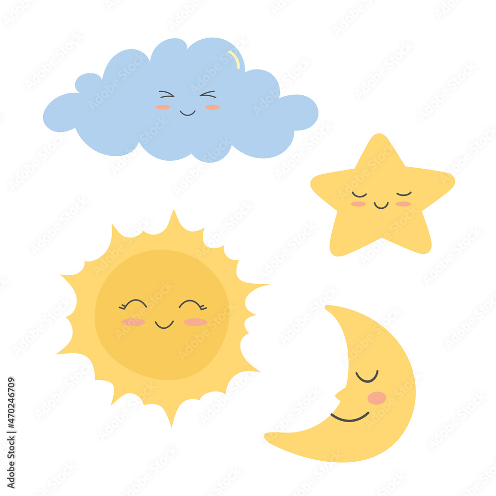 Set of cute cloud, star, sun and moon. Cartoon character in flat style. Template for baby design. Isolated vector illustration