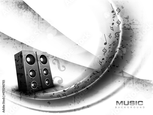 Abstract Musical Background With Sound Speaker And Music Notes In Black And White Color.