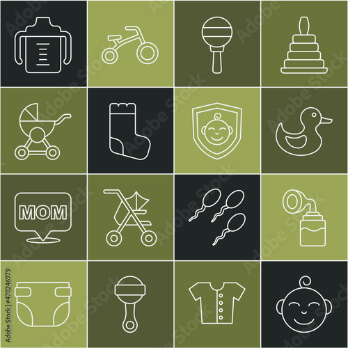 Set line Little boy head, Breast pump, Rubber duck, Rattle baby toy, Baby socks, stroller, bottle and on shield icon. Vector