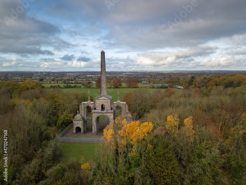 Aerial view of Connolly Folly obelisk in Celbridge. Co. Kildare. Ireland. November 2021