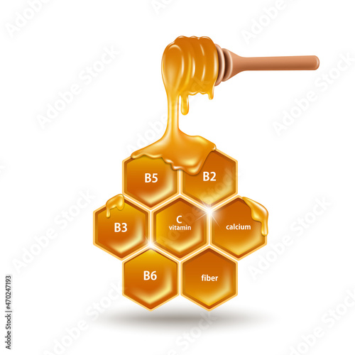 The dipper scooped the honey dripping into the hexagonal honeycomb with various food nutrition text and all floating in the air,vector 3d isolated on white background for food and nutrion concept 