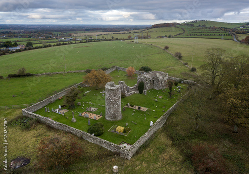 Oughterard church ruins aerial view. Co. Kildare. Ireland. November 2021