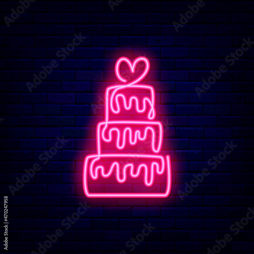 Wedding cake neon continuous icon. Cake shop label. Valentines day. Isolated vector stock illustration